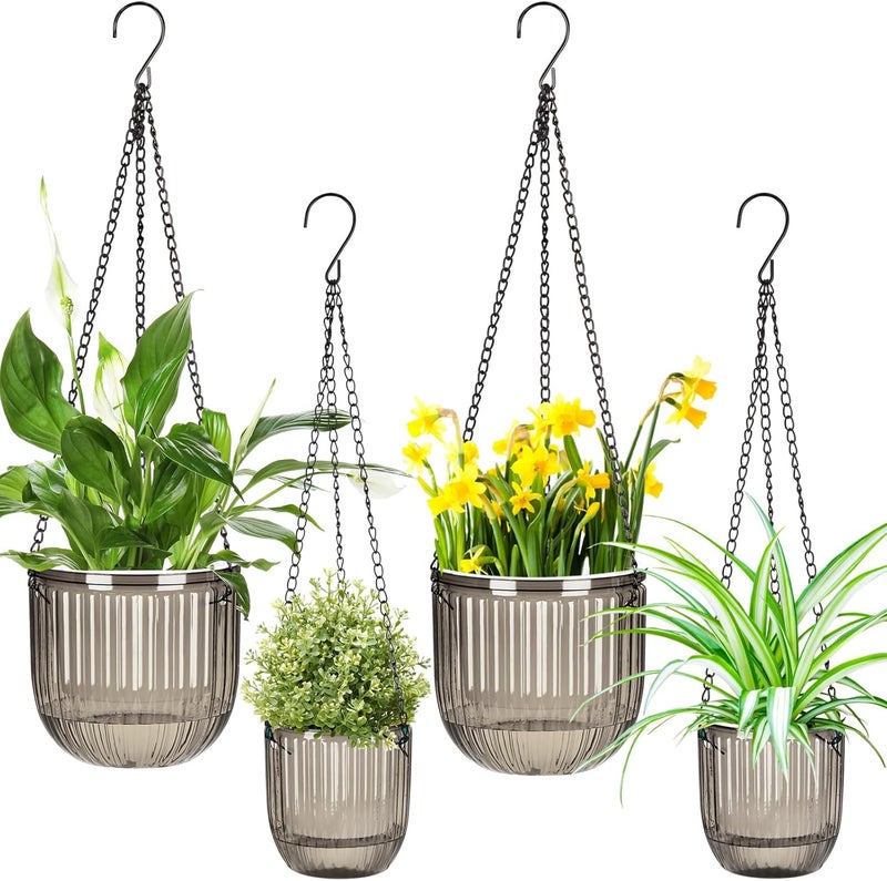 Maxcheck 4 Pcs Self Watering Hanging Planters Indoor Gift 6.5'' 4.5'' Hanging Flower Pots Baskets Outdoor Self Watering Plant with 3hooks Drainage Holes for Home(Gray) - Image 1